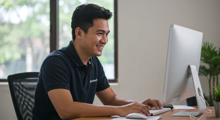 Filipino freelancer happy looking while working in his home workstation freelancers happy looking while working in his home workstation